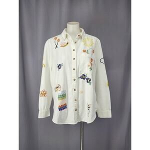 Pilcro Shirt Womens Medium White Cotton Linen Embroidered Button Up Boho Floral